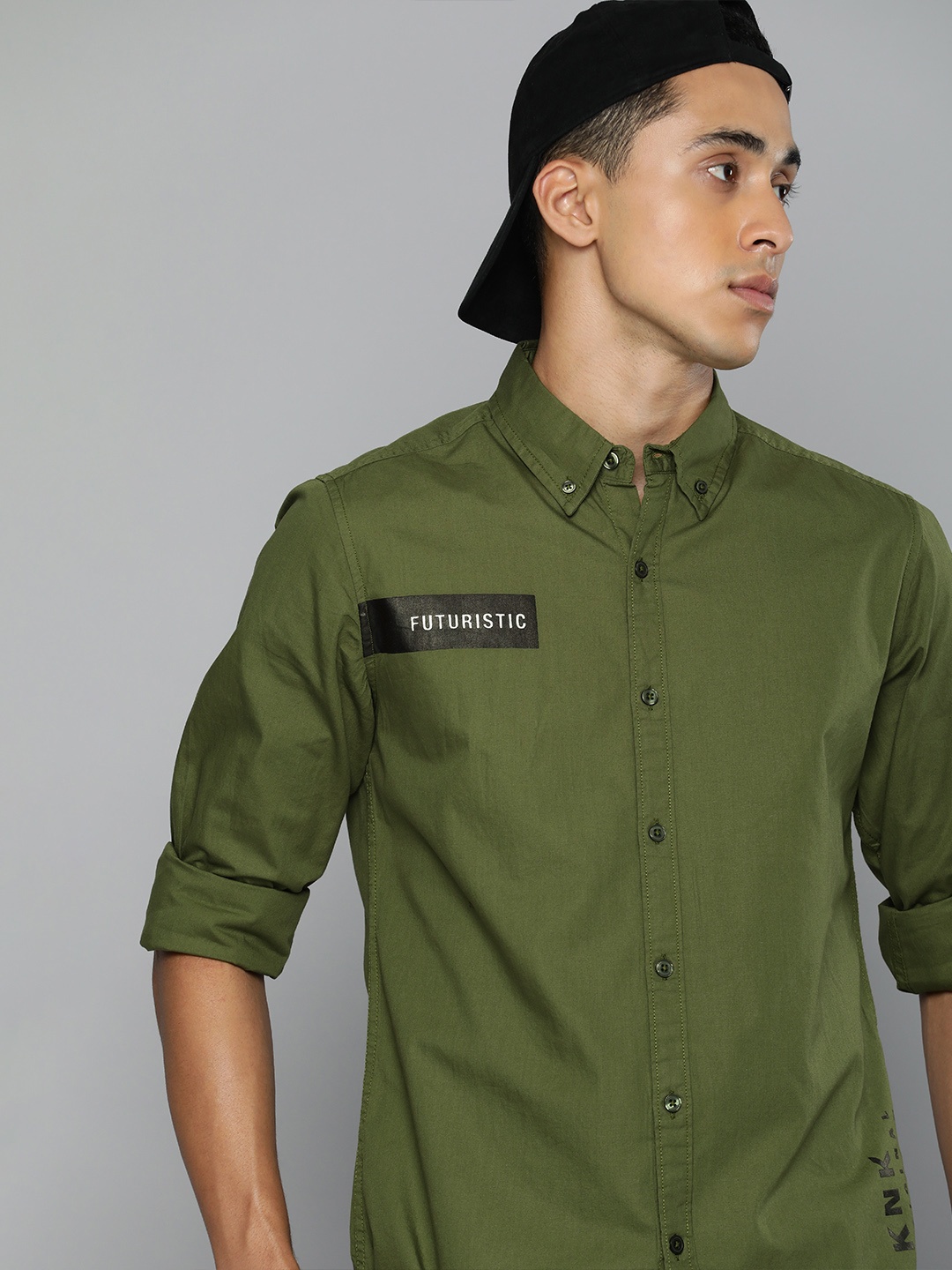 

Kook N Keech Men Olive Green Casual Shirt with Printed Detailing