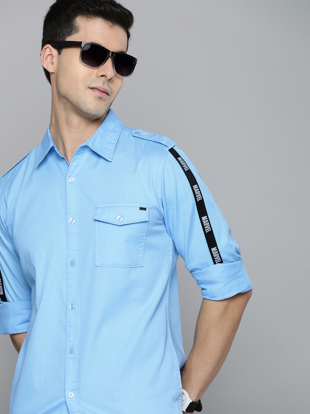 

Kook N Keech Marvel Men Sky Blue Solid Pure Cotton Casual Shirt