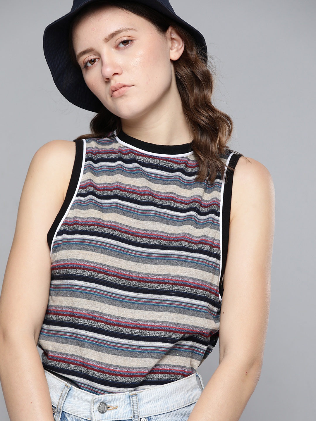

Kook N Keech Women Taupe & Red Pure Cotton Striped T-shirt