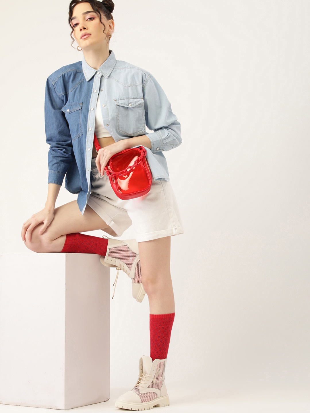

Kook N Keech Women Blue Pure Cotton Colourblocked Casual Chambray Shirt