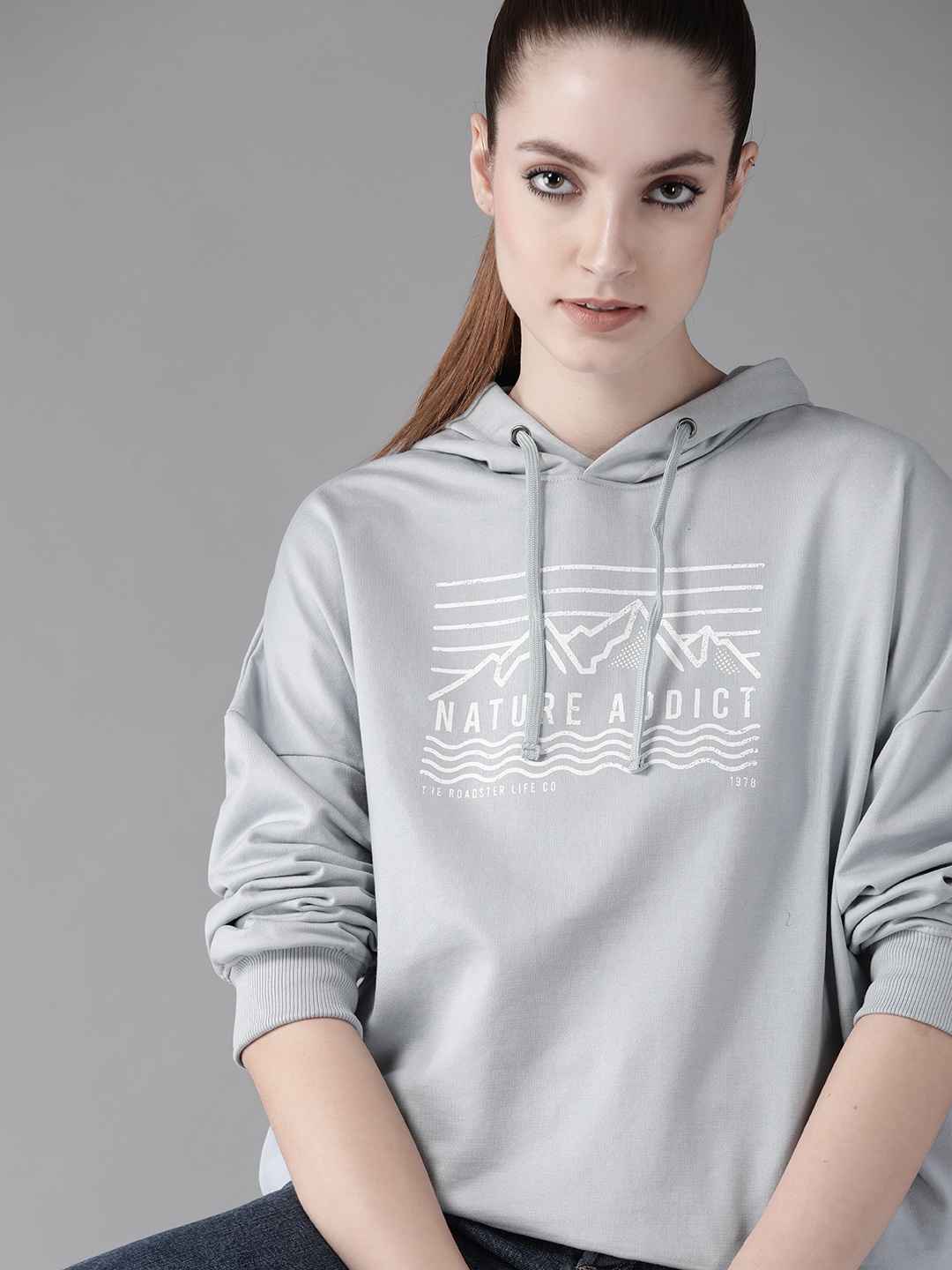 

Roadster Women Grey & White Printed Hooded Sweatshirt