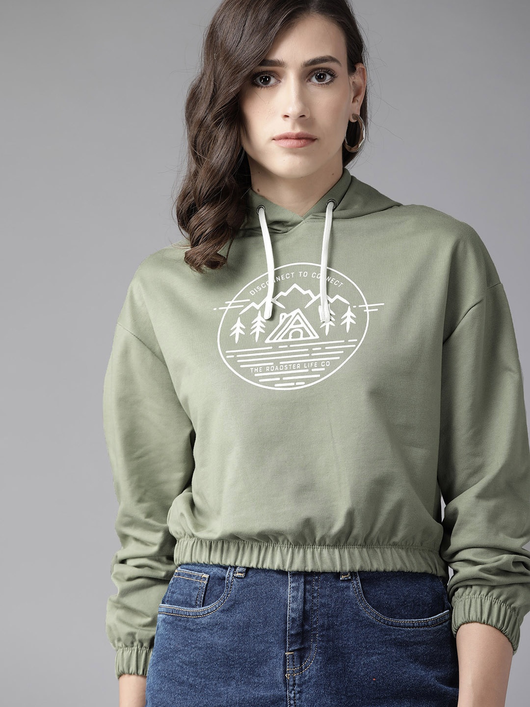 

Roadster Women Green Printed Hooded Sweatshirt