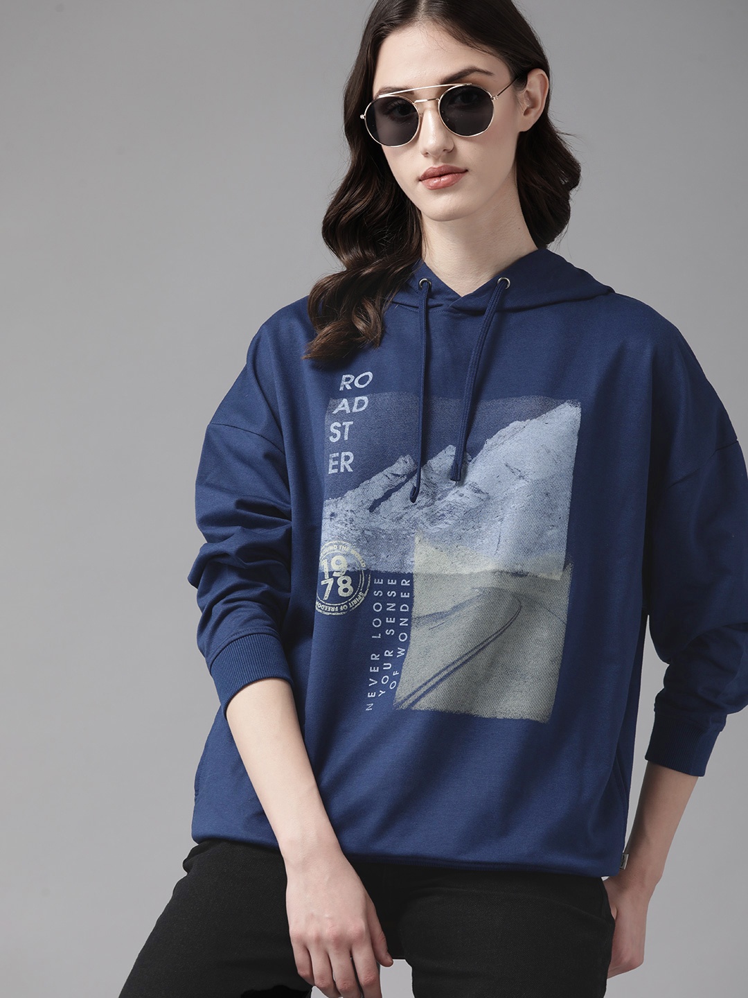 

Roadster Women Navy Blue Printed Hooded Sweatshirt