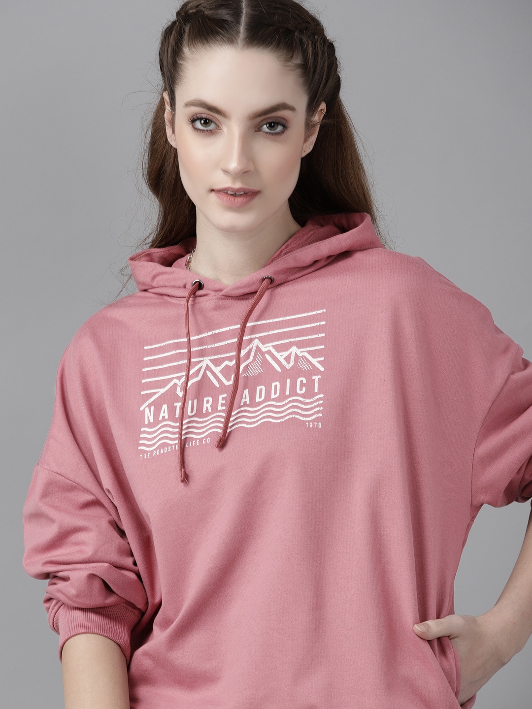 

Roadster Women Dusty Pink & White Printed Hooded Sweatshirt