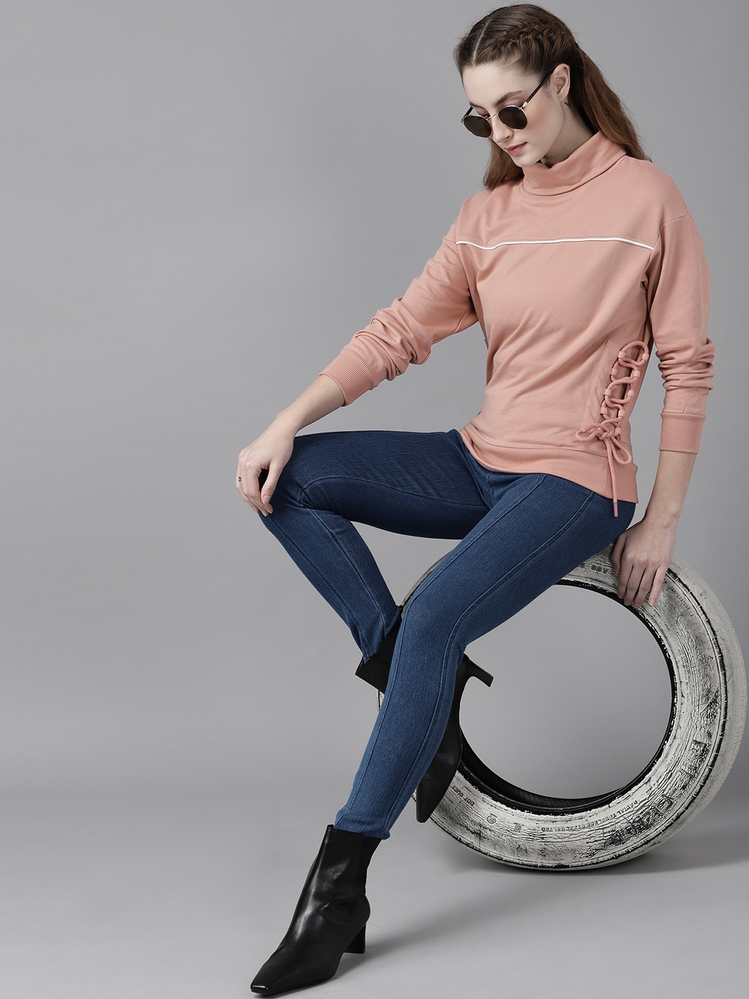 

Roadster Women Pink Solid Turtle Neck Sweatshirt with Tie-Up Detail