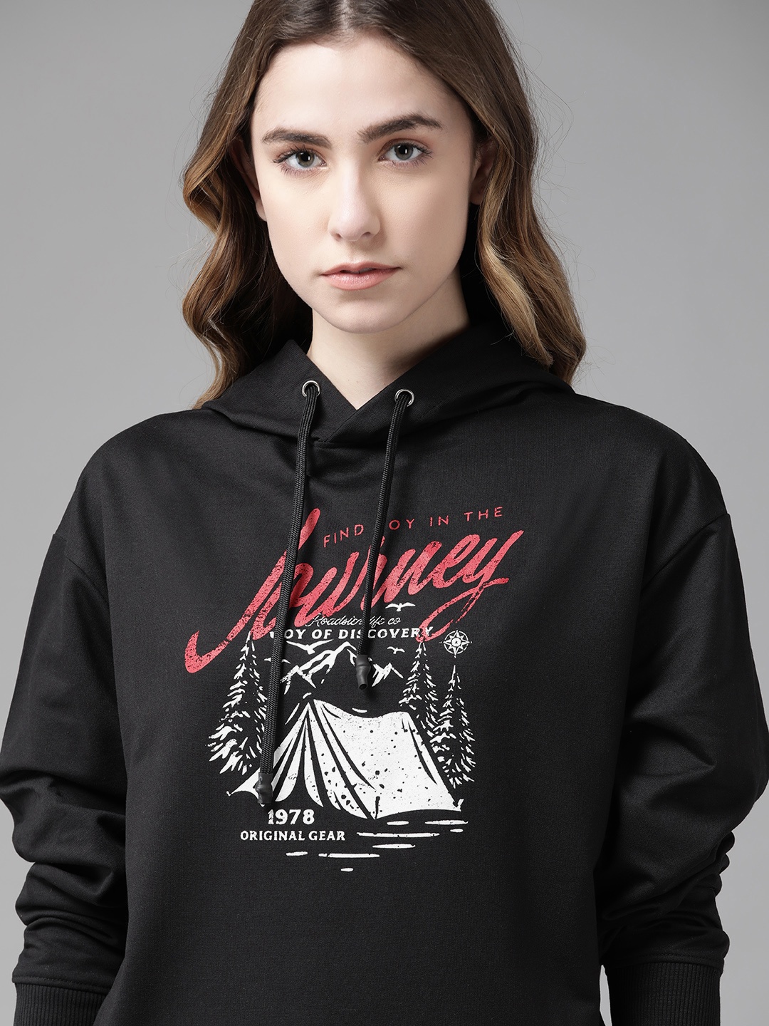 

Roadster Women Black Graphic Printed Hooded Sweatshirt