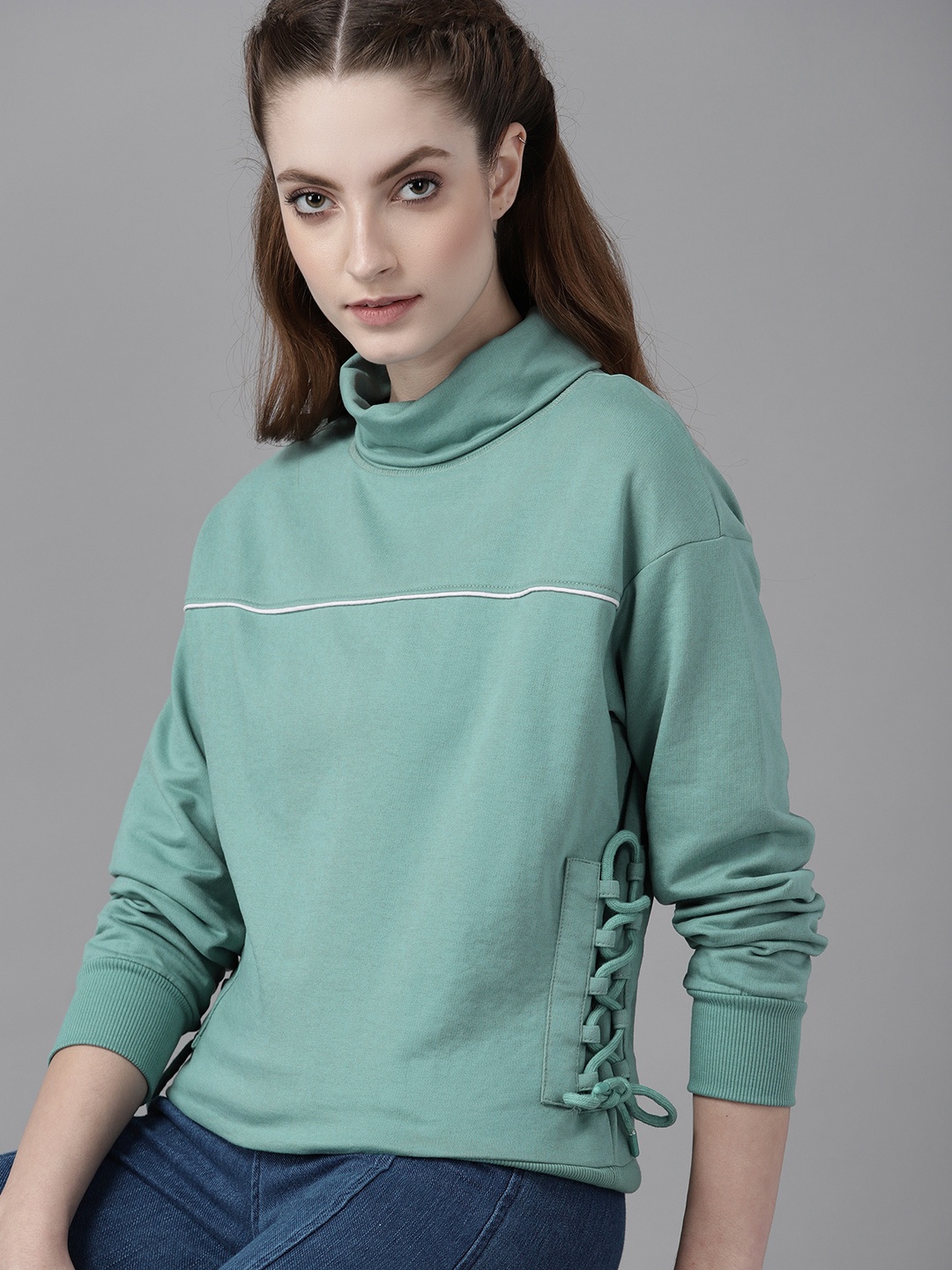

Roadster Women Green Solid Turtle Neck Sweatshirt with Tie-Up Detail