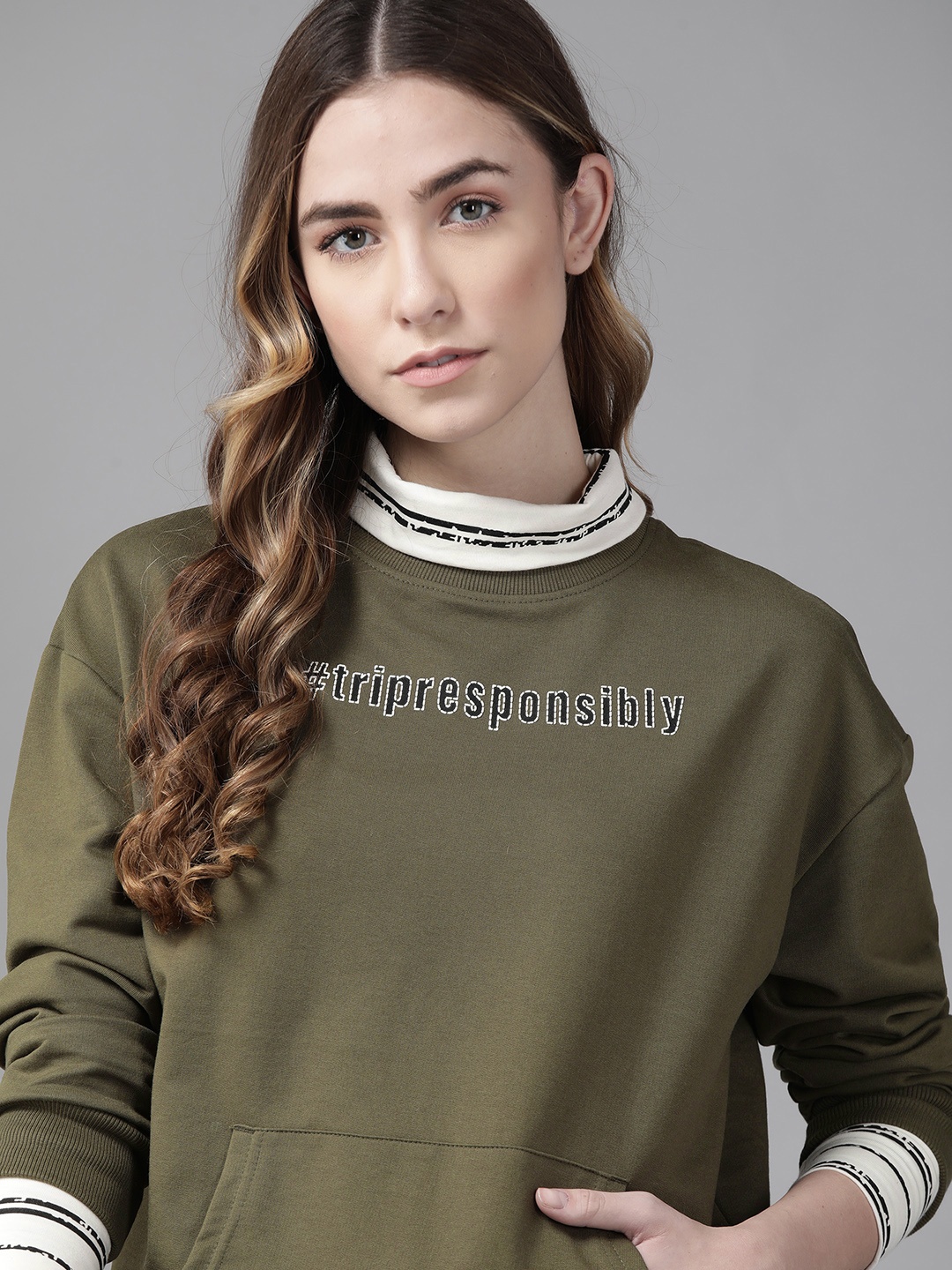 

Roadster Women Olive Green Printed Sweatshirt