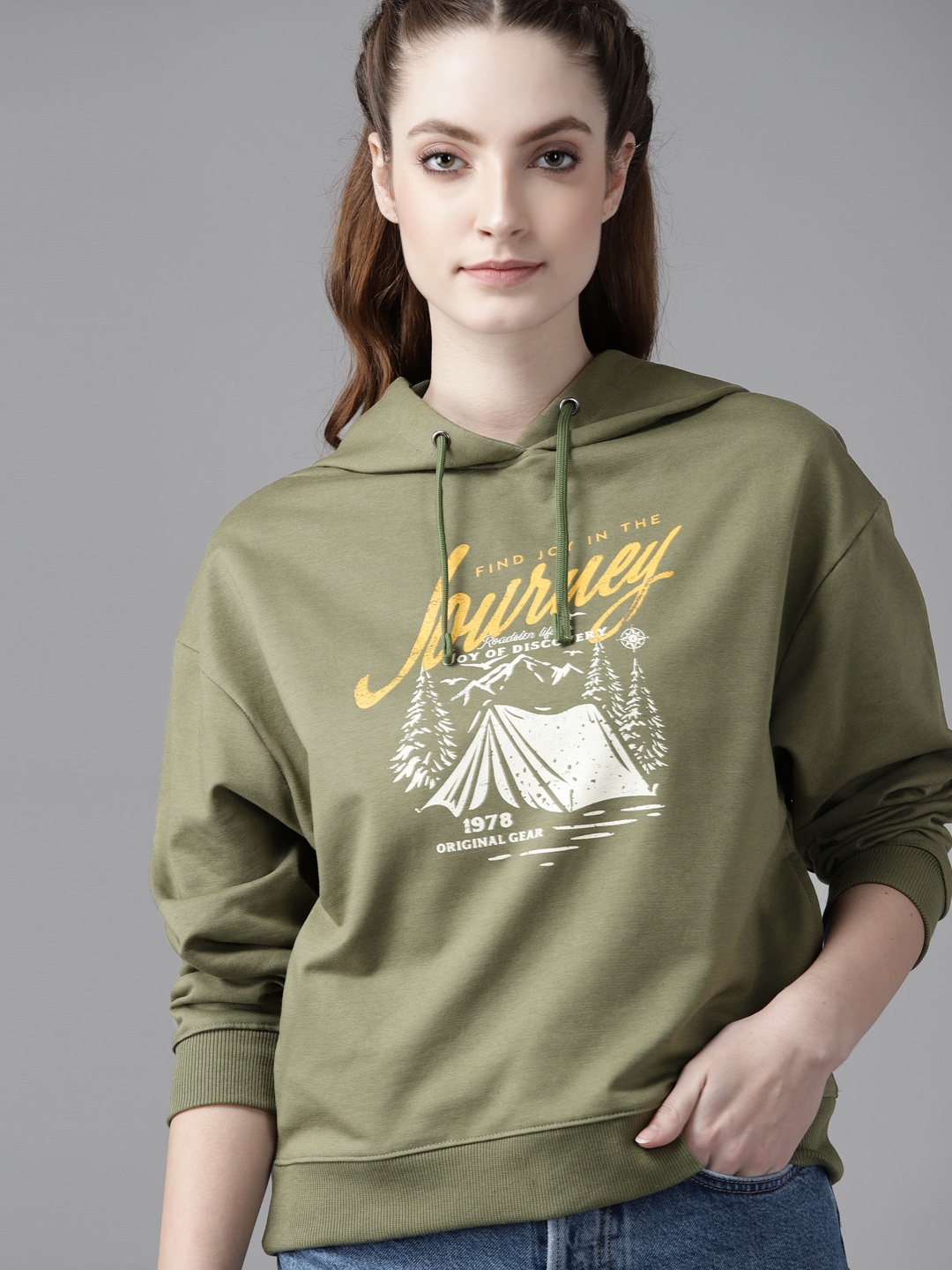 

Roadster Women Olive Green & White Printed Hooded Sweatshirt