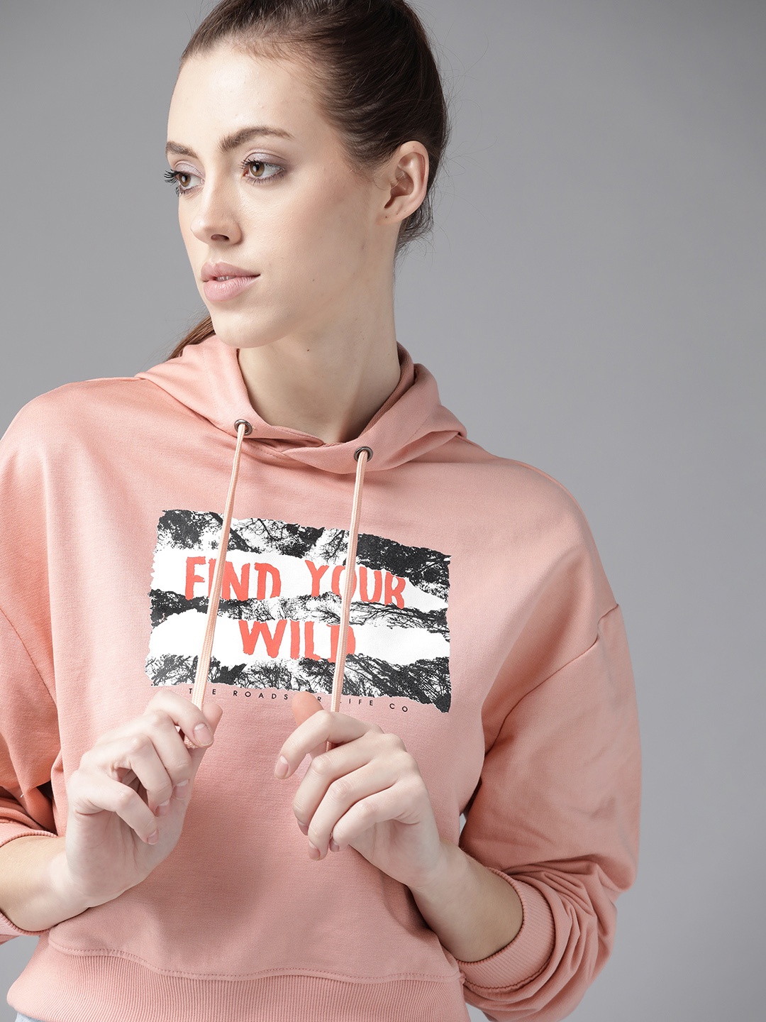 

Roadster Women Peach-Coloured & White Printed Hooded Sweatshirt