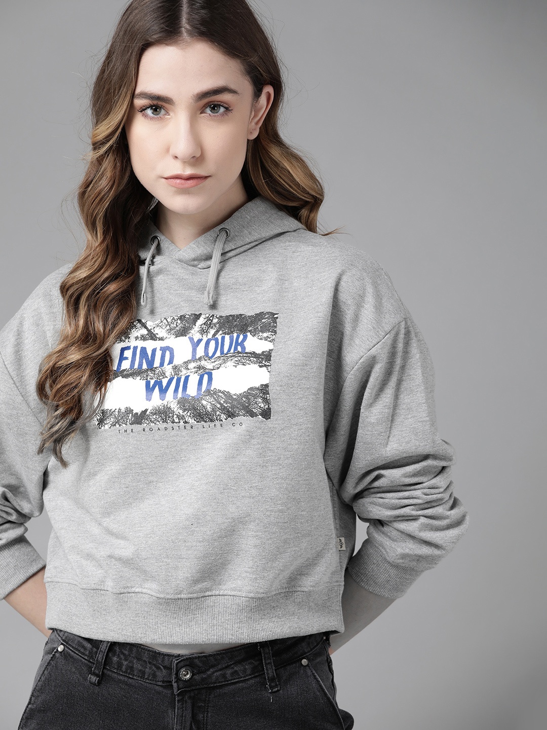 

Roadster Women Grey Melange Printed Hooded Sweatshirt