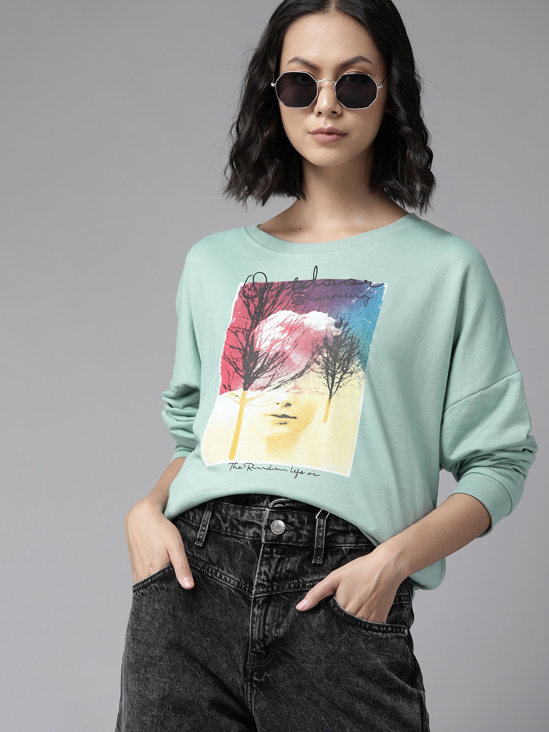 

The Roadster Lifestyle Co. Women Sea Green & Yellow Printed Oversized Sweatshirt