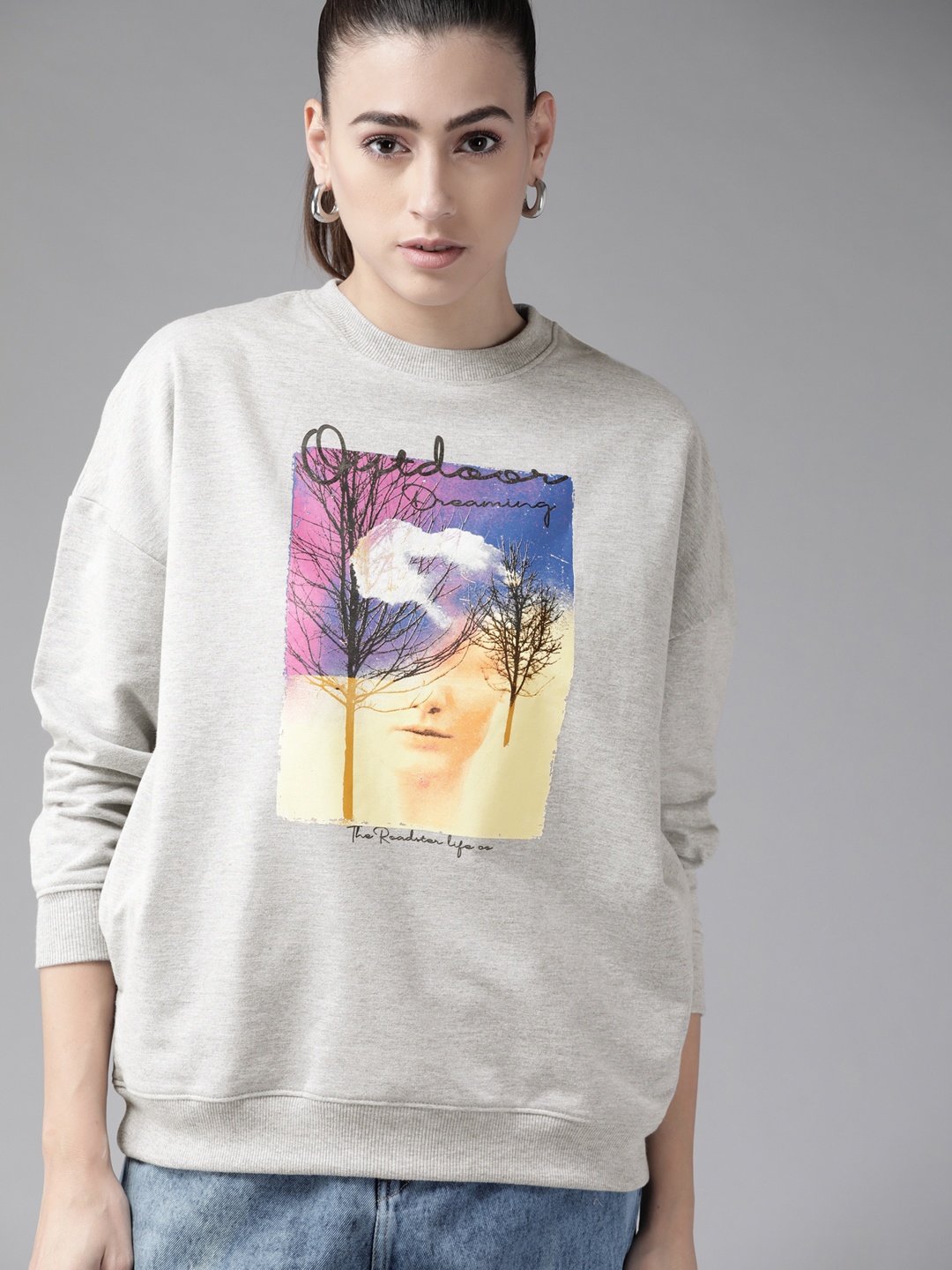

Roadster Women Grey Melange Printed Sweatshirt