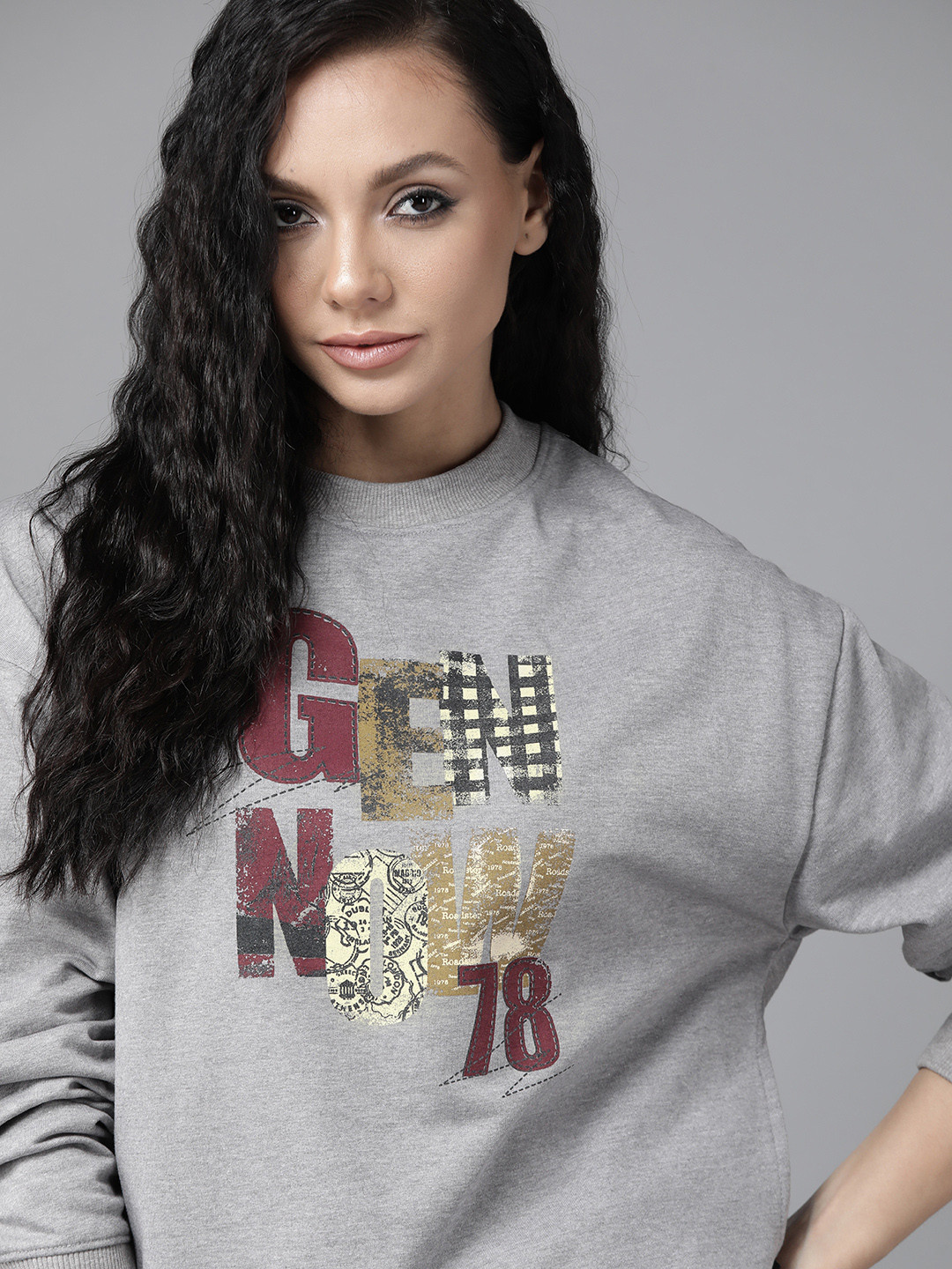 

Roadster Women Grey Melange Printed Sweatshirt