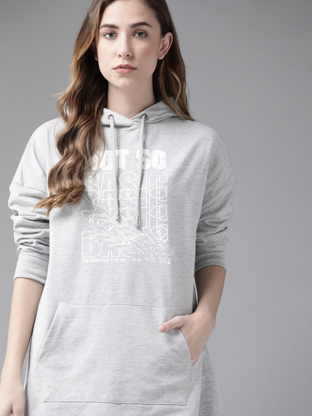

Roadster Women Grey Melange & White Printed Hooded Longline Sweatshirt