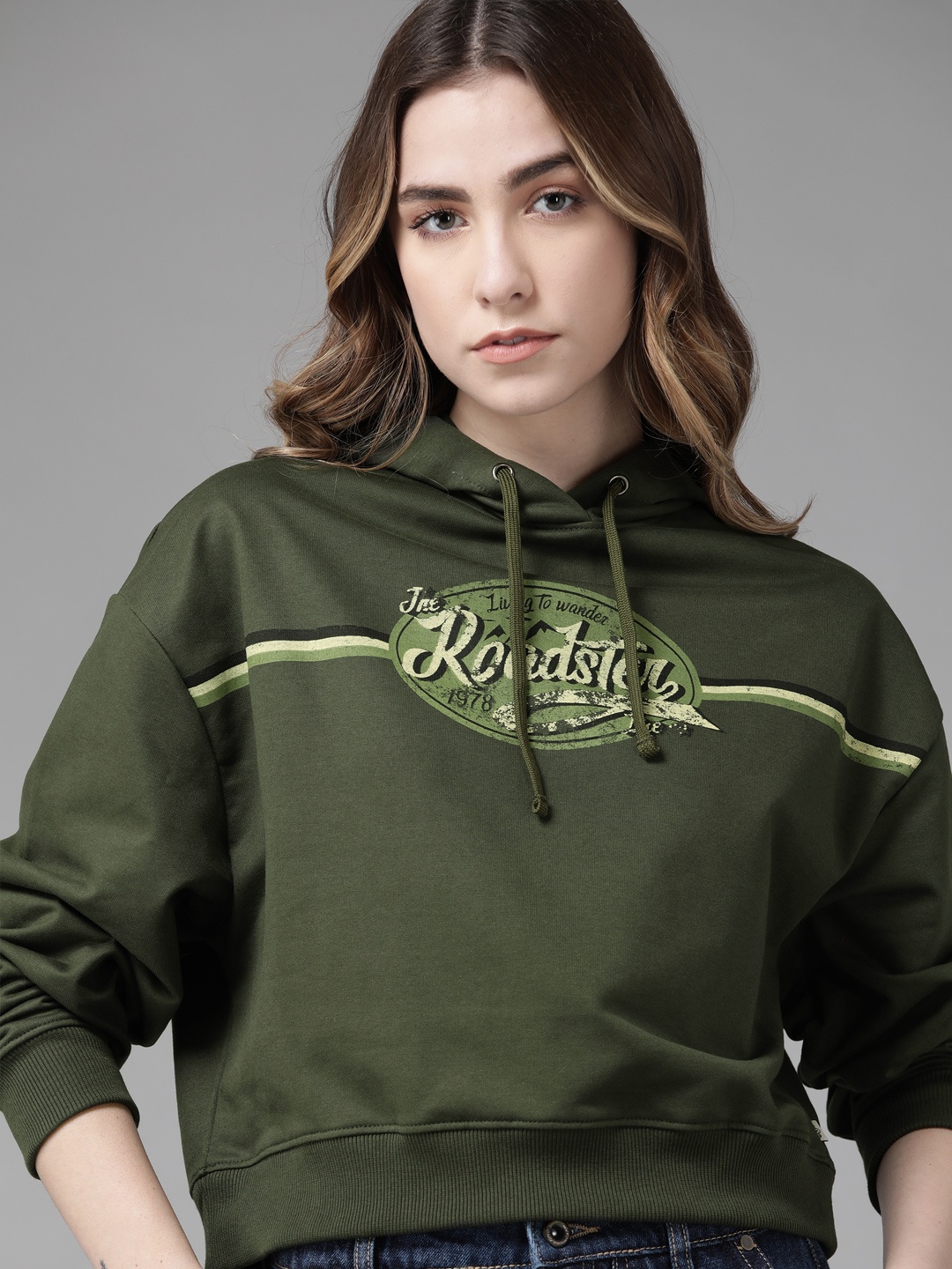 

Roadster Women Olive Green Printed Hooded Sweatshirt