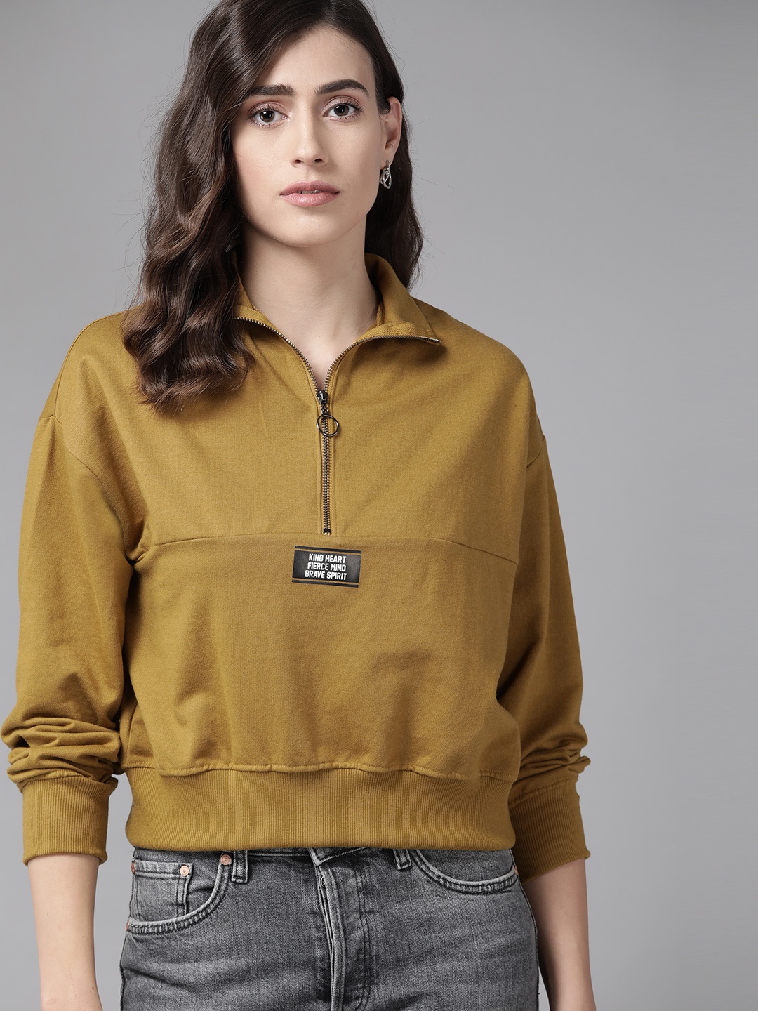 

Roadster Women Mustard Yellow Solid Sweatshirt with Typography Print Detail