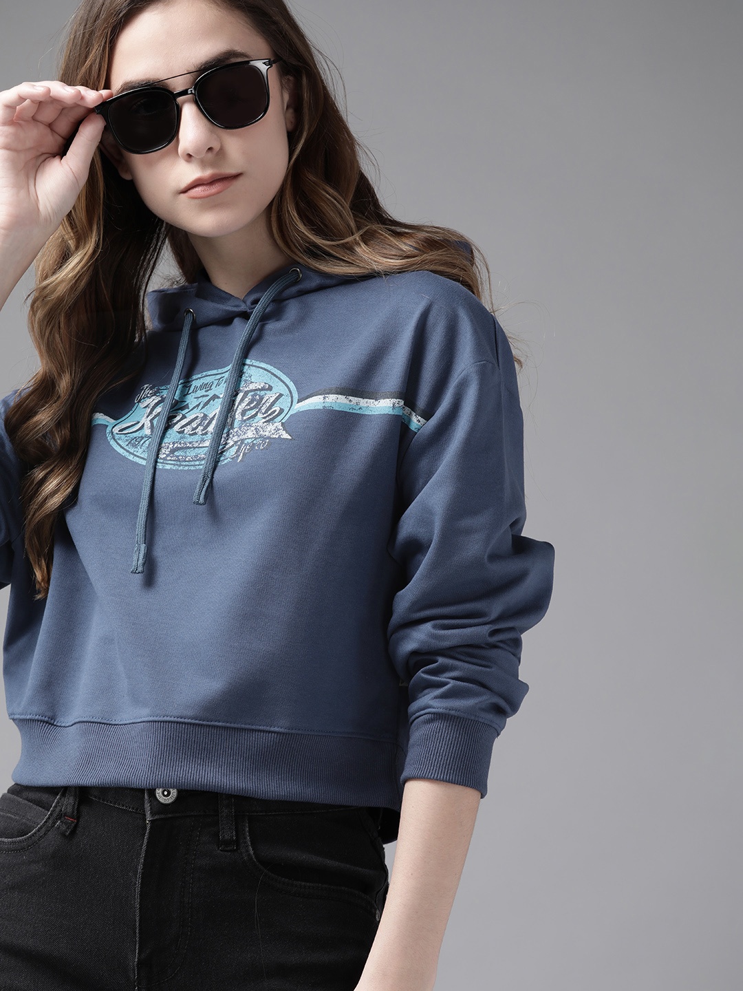 

Roadster Women Navy Blue Printed Hooded Sweatshirt