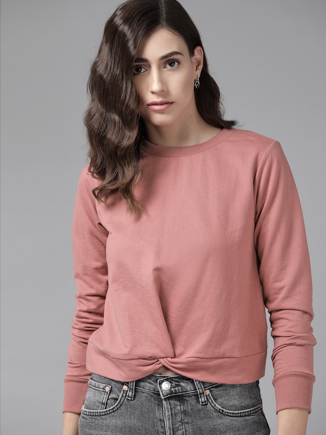 

Roadster Women Pink Solid Sweatshirt with Twist Detail