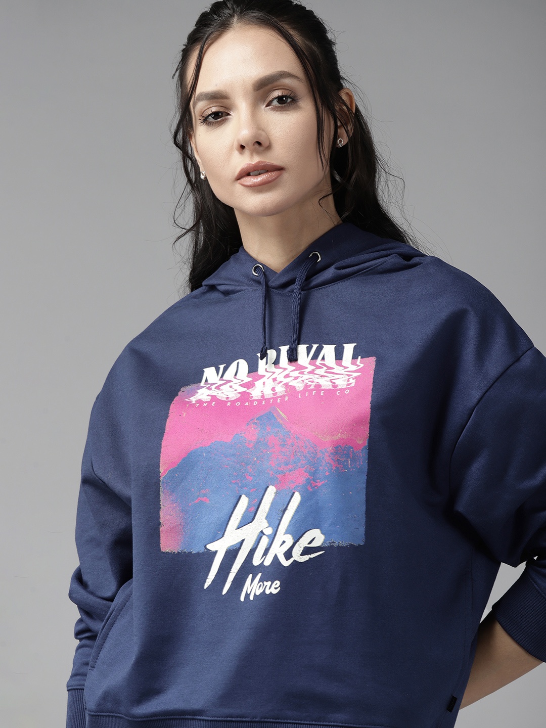 

Roadster Women Navy Blue Printed Hooded Sweatshirt