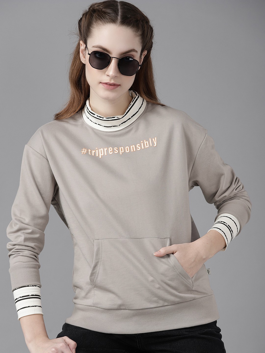 

Roadster Women Taupe Solid Turtle Neck Sweatshirt with Typography Print Detail