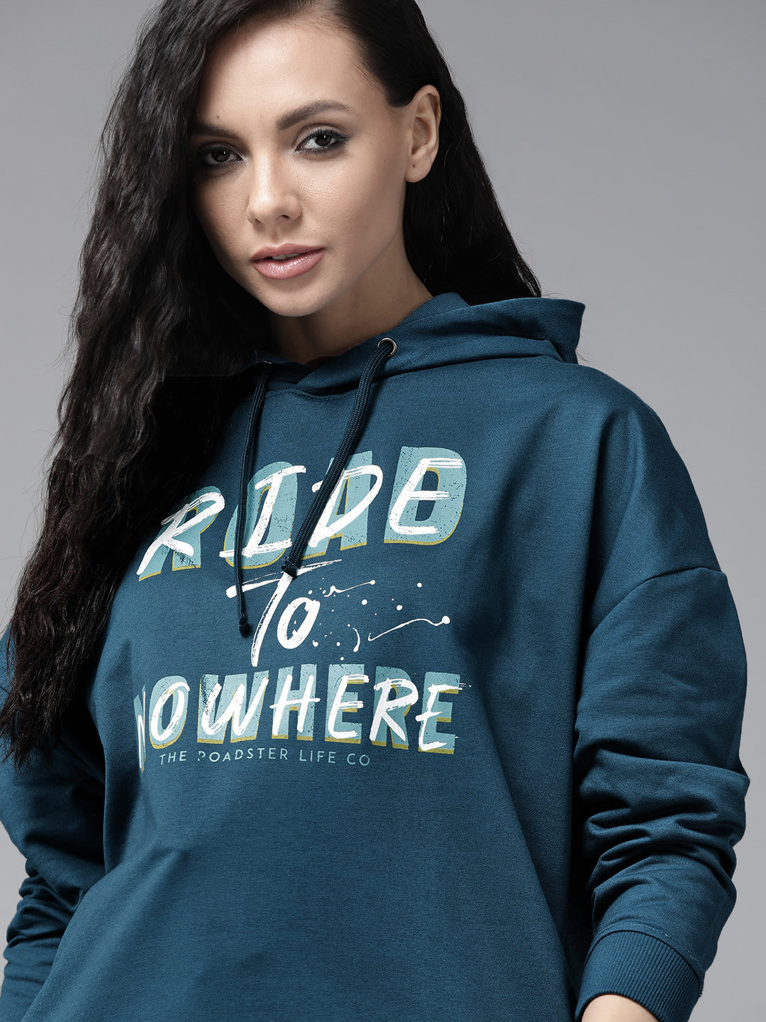 

Roadster Women Teal Blue Printed Hooded Sweatshirt
