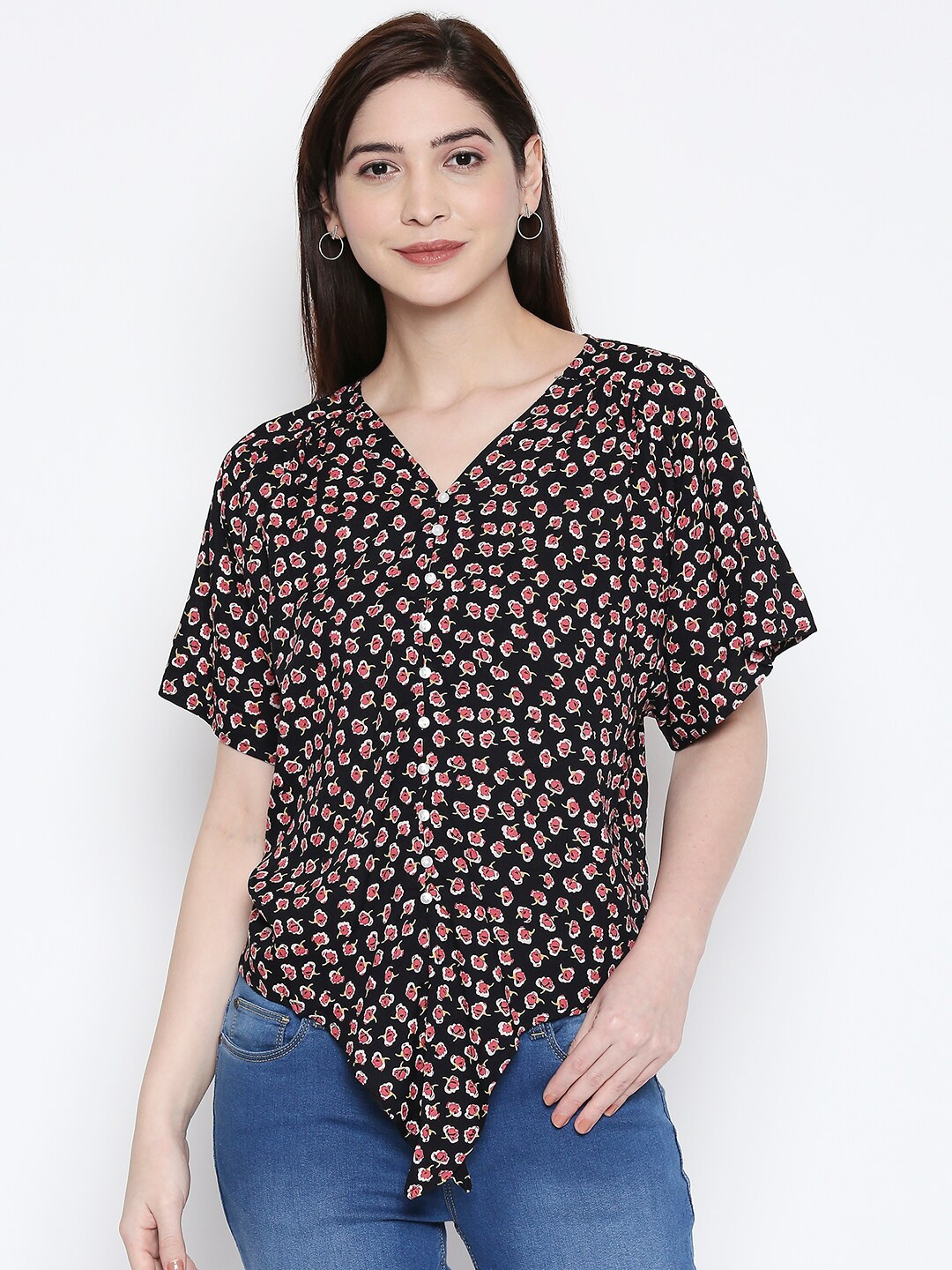 

People Women Black & Pink Floral Printed Shirt Style Top