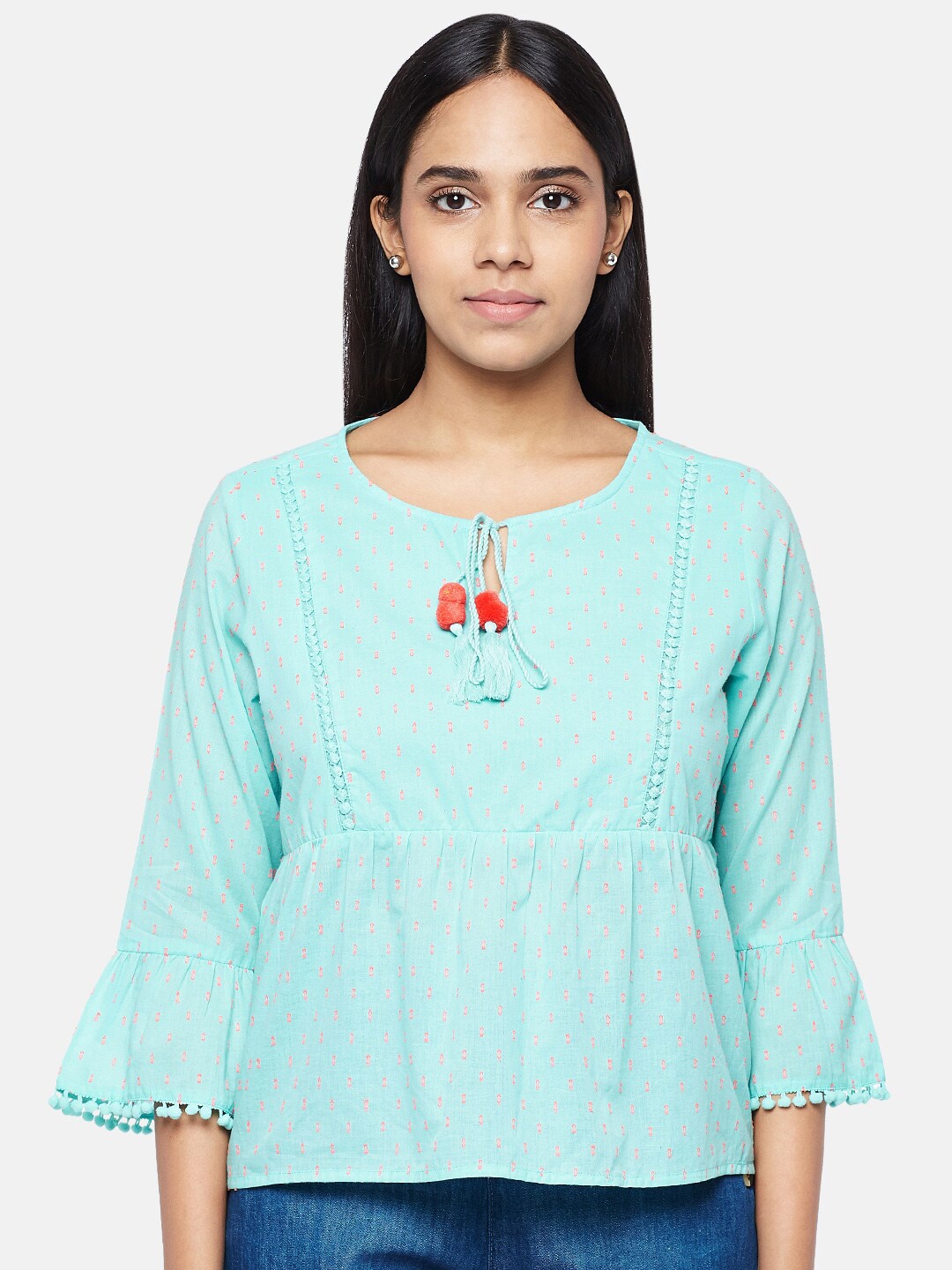 

People Turquoise Blue Tie-Up Neck Bell Sleeve Peplum Top