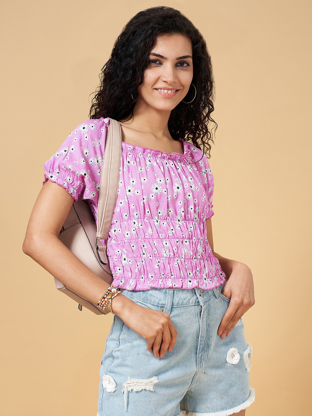 

People Pink Floral Off-Shoulder Puff Sleeve Bardot Crop Top
