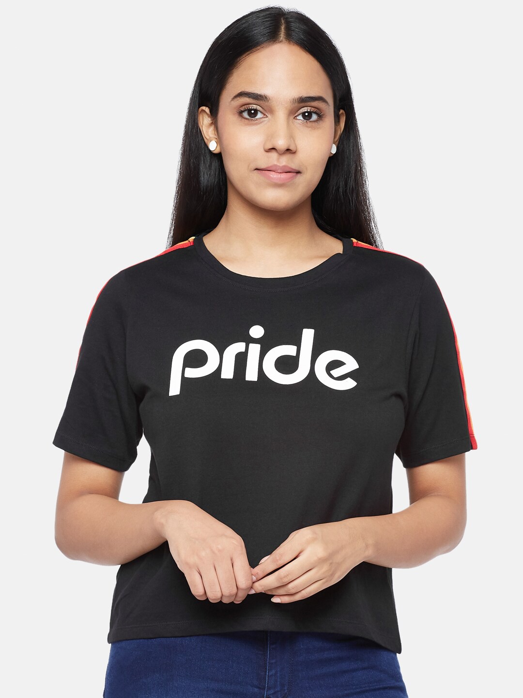 

People Women Black Typography Printed Drop-Shoulder Sleeves Applique T-shirt