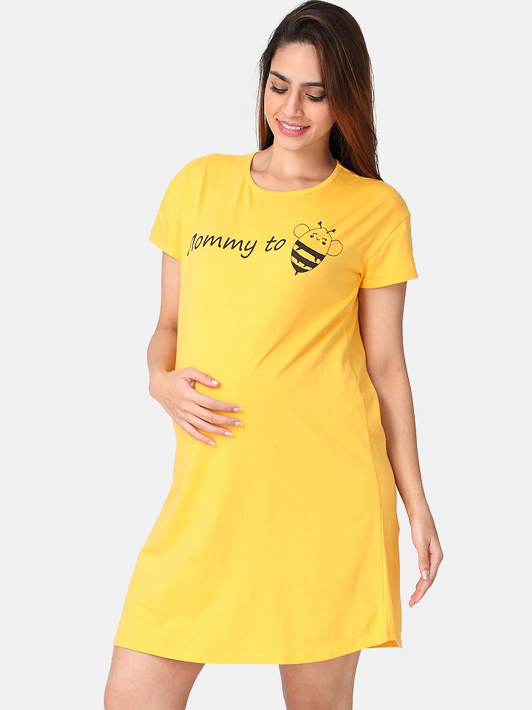 

The Mom Store Women Yellow Typography Printed Maternity T-shirt Dress