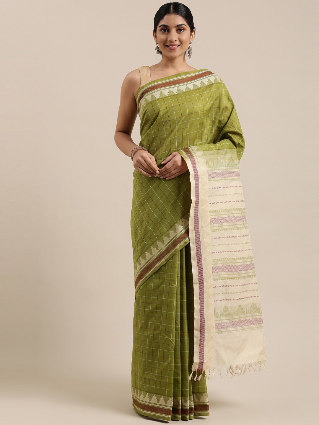 

The Chennai Silks Green & Maroon Checked Silk Cotton Maheshwari Saree