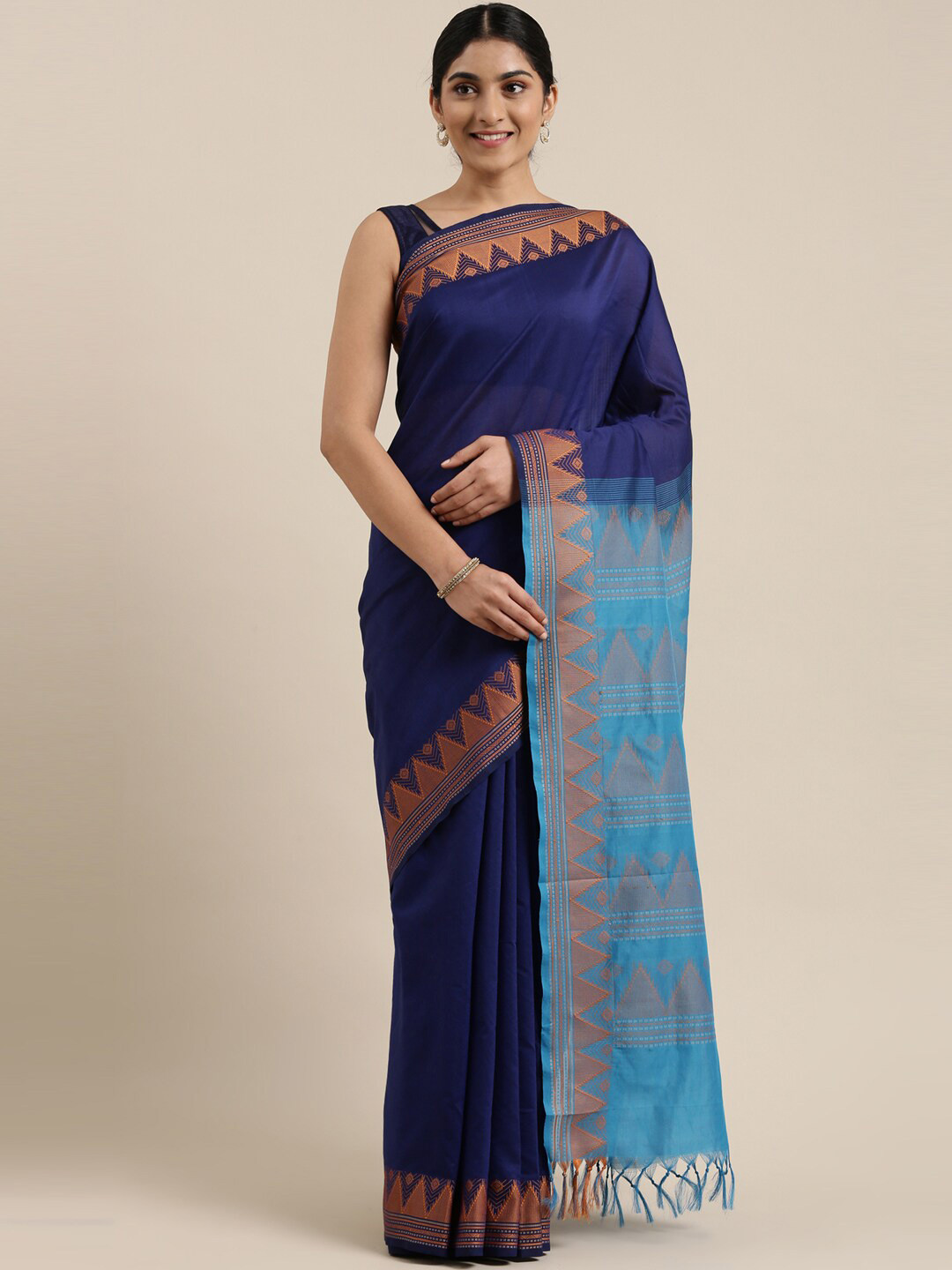 

The Chennai Silks Navy Blue & Turquoise Blue Silk Cotton Maheshwari Saree