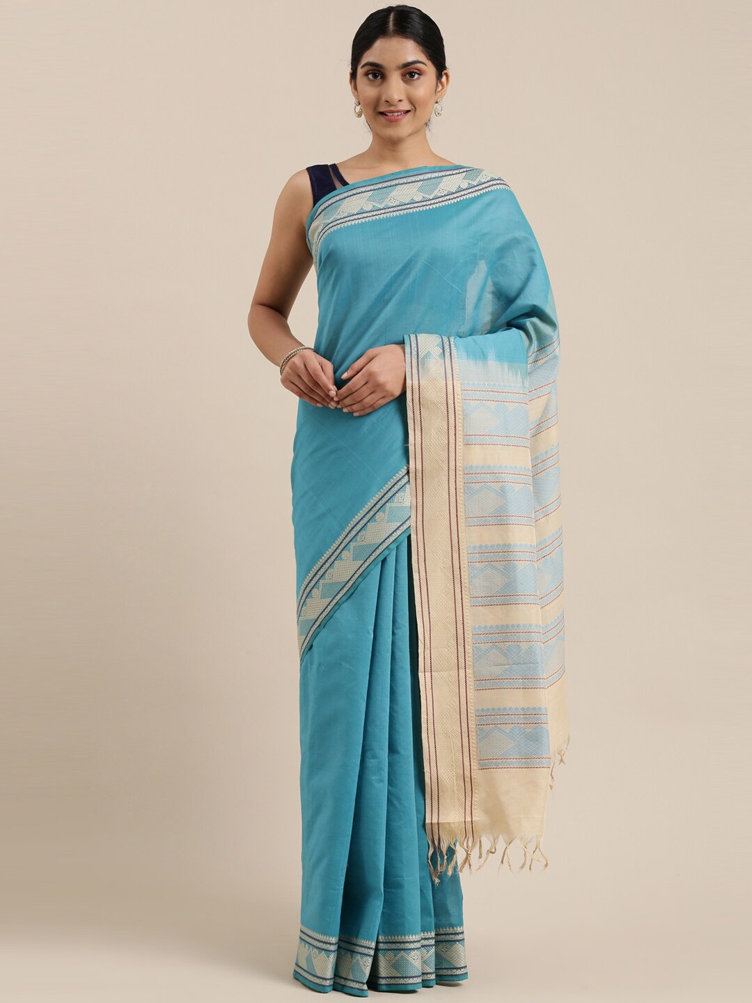 

The Chennai Silks Turquoise Blue & Beige Silk Cotton Maheshwari Saree