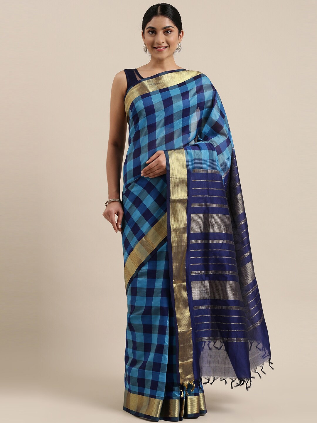 

The Chennai Silks Turquoise Blue & Blue Checked Silk Cotton Maheshwari Saree
