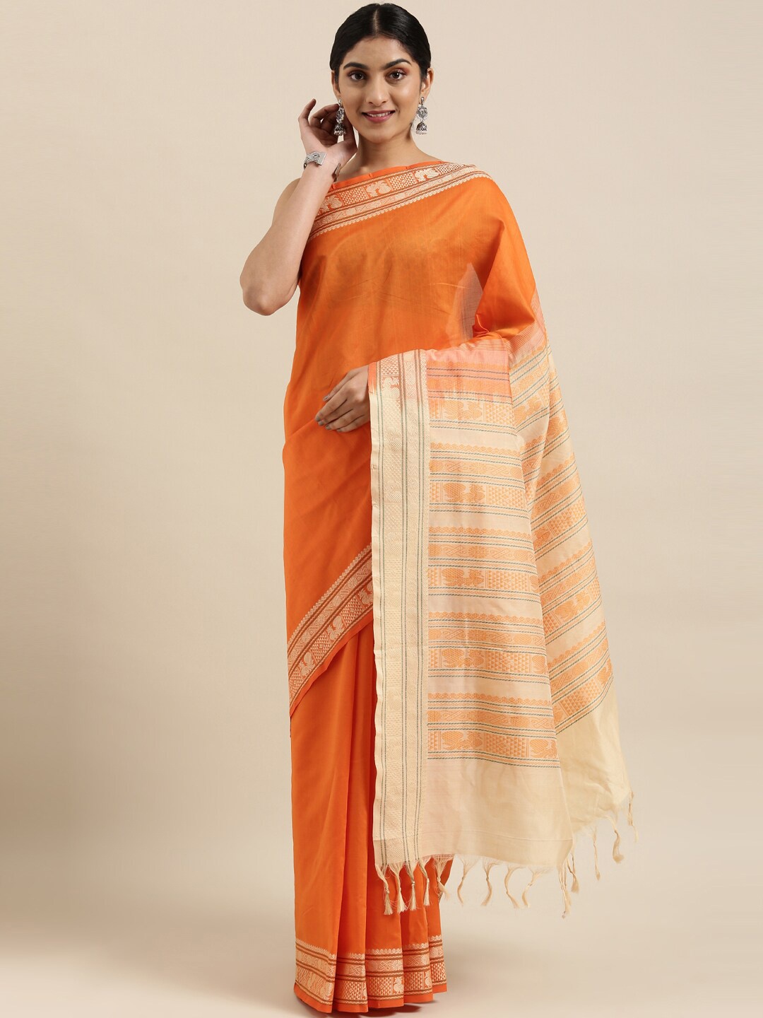 

The Chennai Silks Orange & Beige Silk Cotton Maheshwari Saree