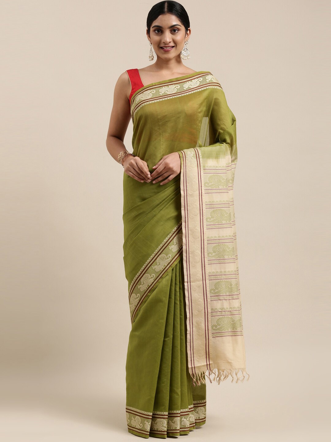 

The Chennai Silks Green & Beige Silk Cotton Maheshwari Saree