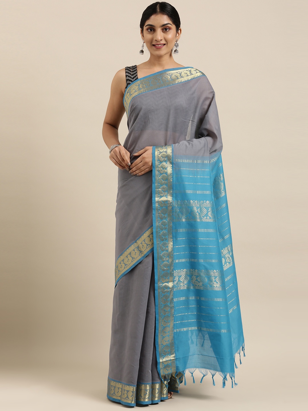 

The Chennai Silks Grey & Turquoise Blue Silk Cotton Maheshwari Saree