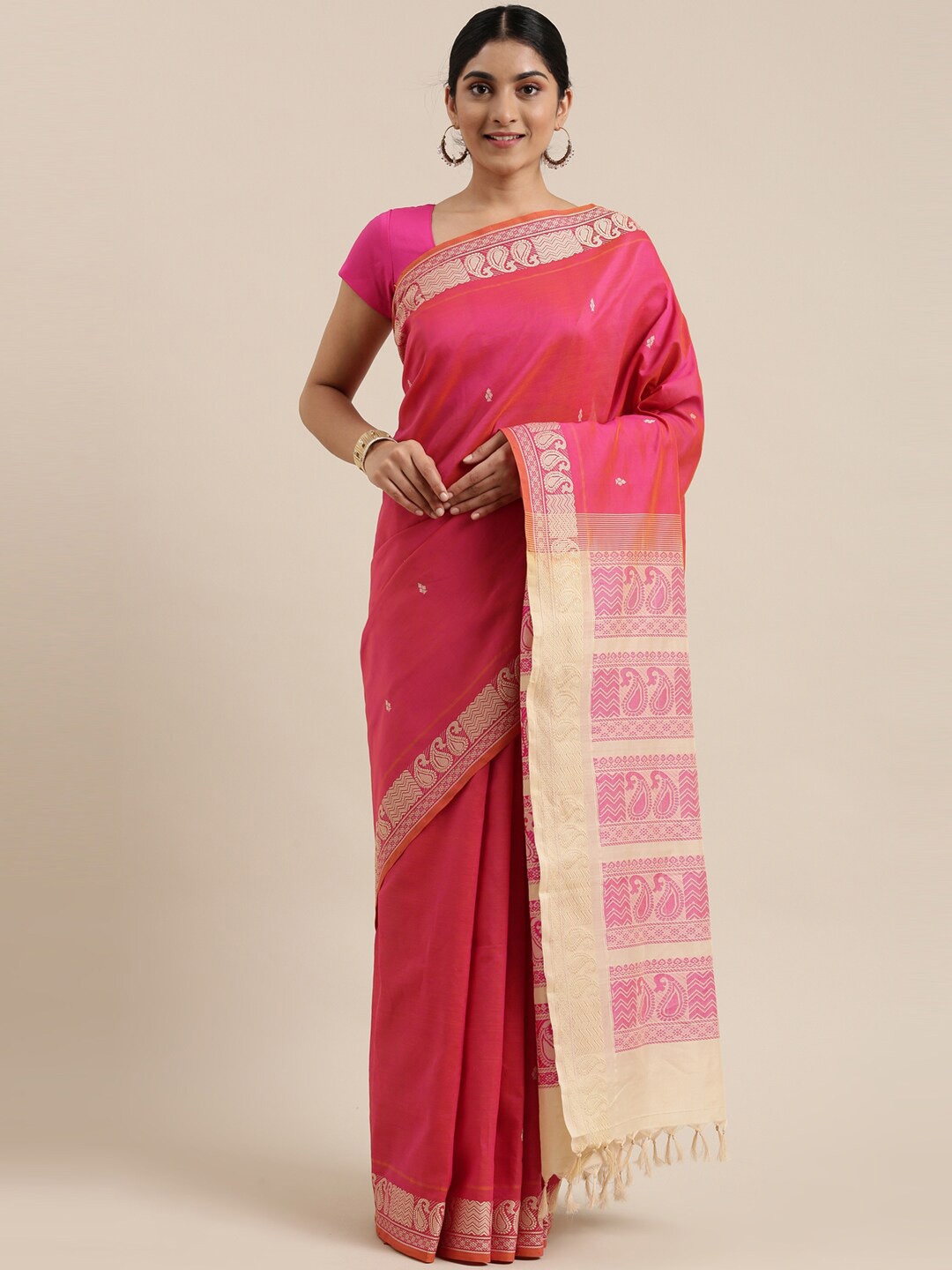 

The Chennai Silks Pink & Beige Woven Design Silk Cotton Maheshwari Saree