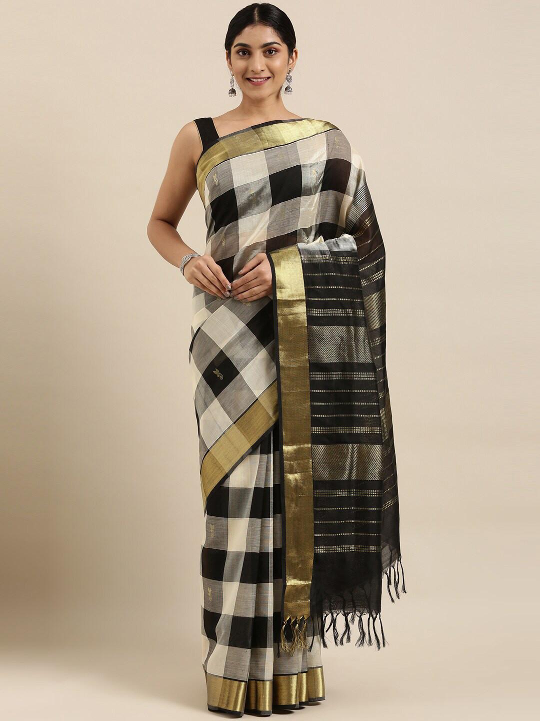 

The Chennai Silks White & Black Checked Silk Cotton Maheshwari Saree
