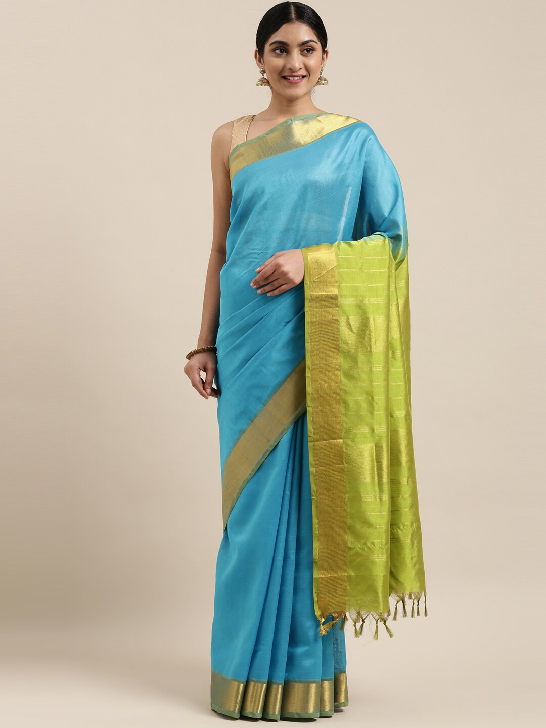 

The Chennai Silks Turquoise Blue & Green Silk Cotton Maheshwari Saree