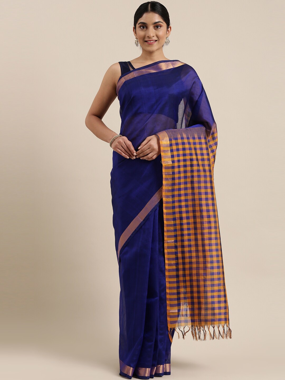 

The Chennai Silks Blue & Orange Silk Cotton Maheshwari Saree