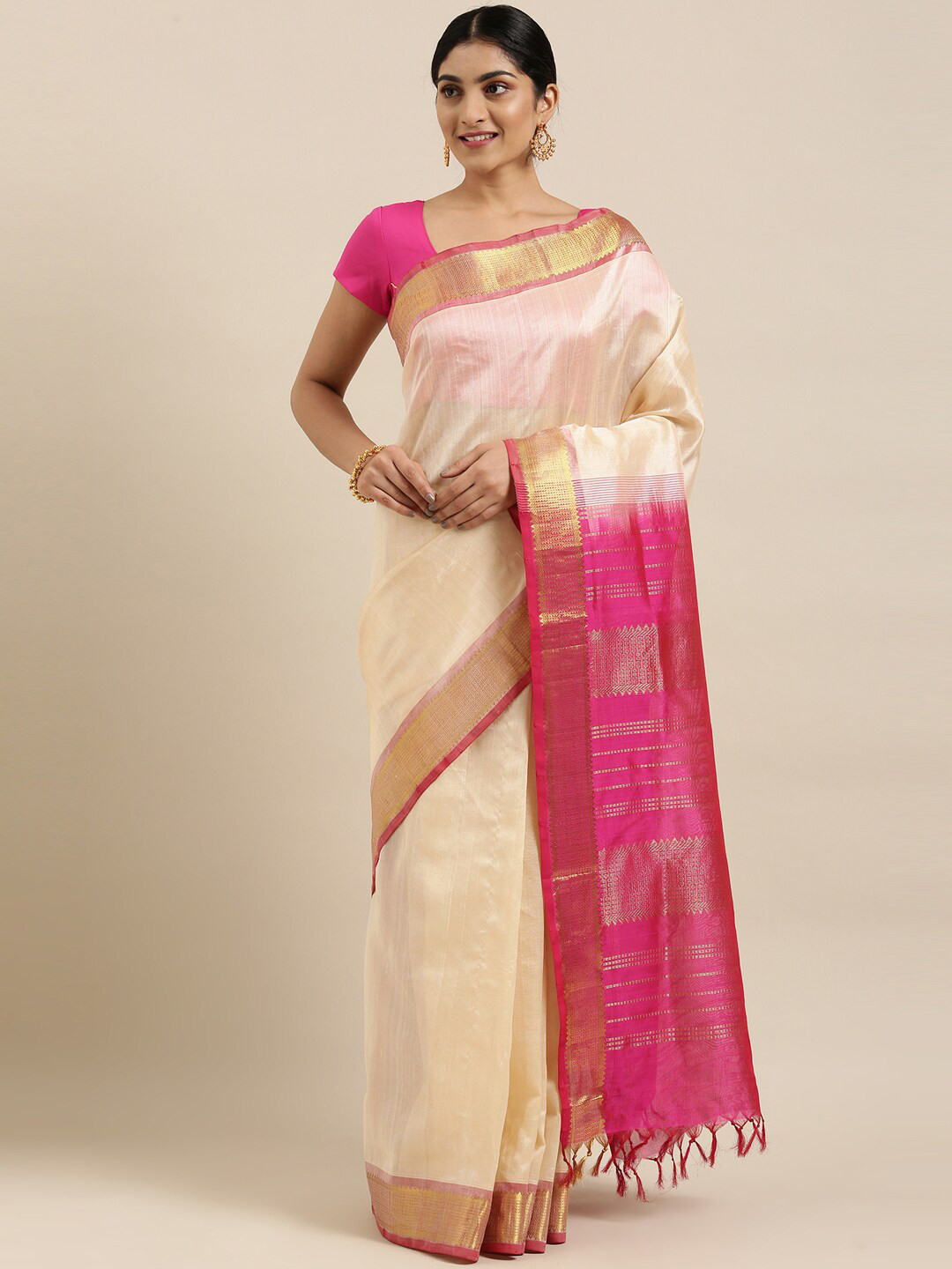 

The Chennai Silks Cream-Coloured & Pink Silk Cotton Maheshwari Saree