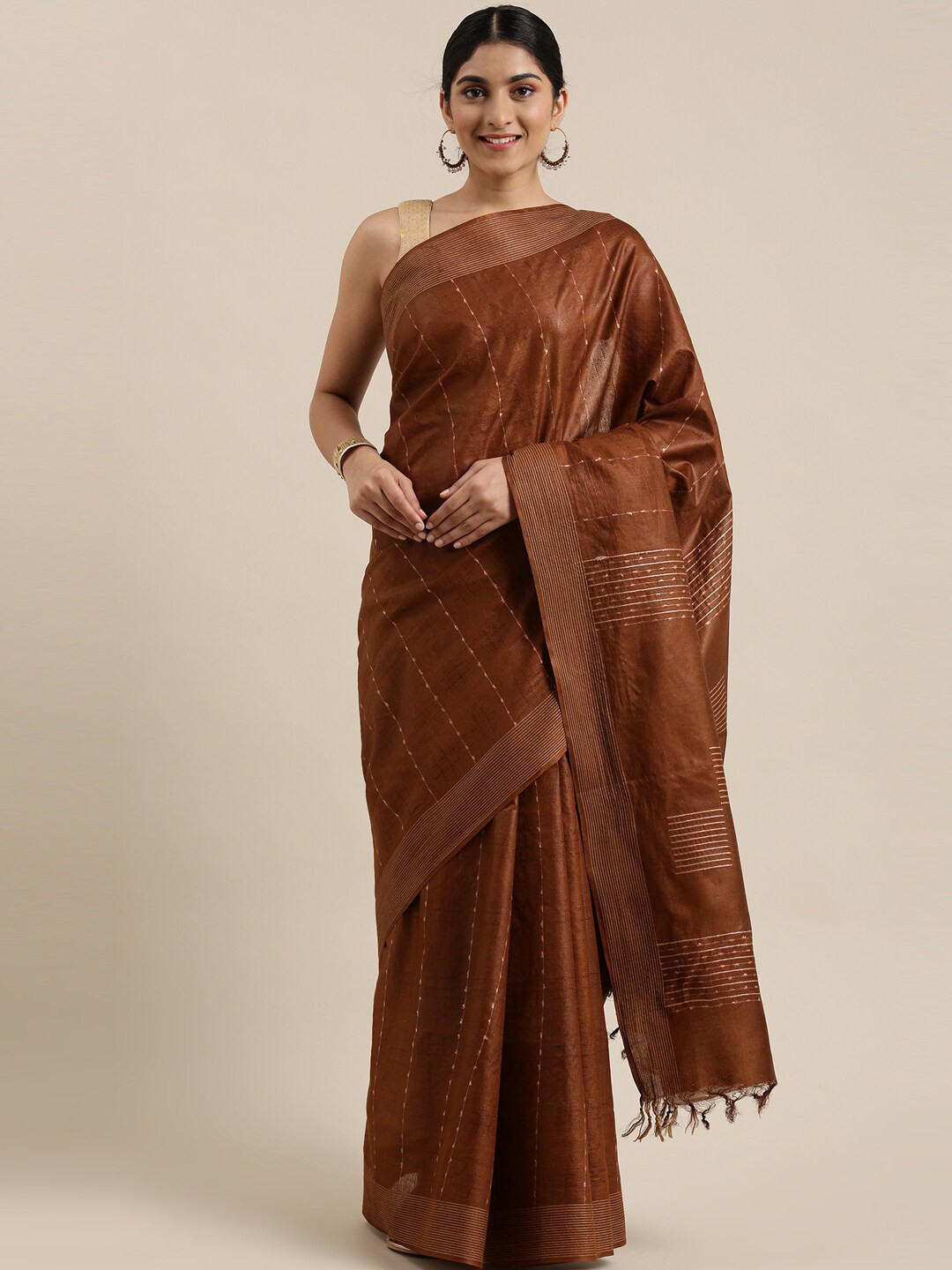 

The Chennai Silks Brown & Off White Striped Saree