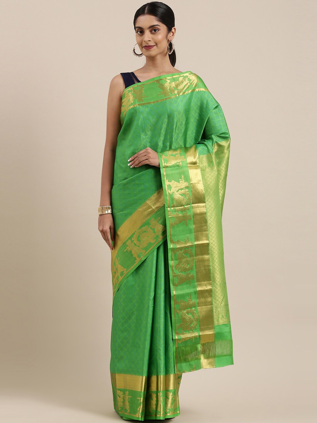 

The Chennai Silks Green & Gold-Toned Woven Design Zari Pure Silk Kanjeevaram Saree
