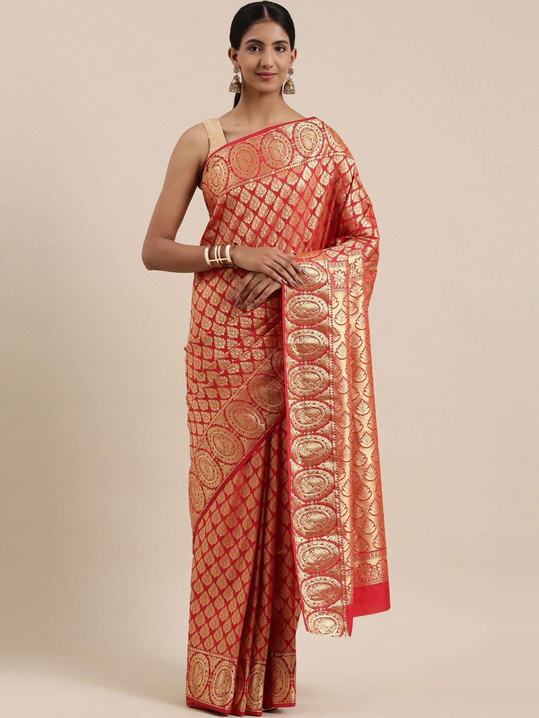 

The Chennai Silks Red & Gold-Toned Woven Design Zari Art Silk Saree