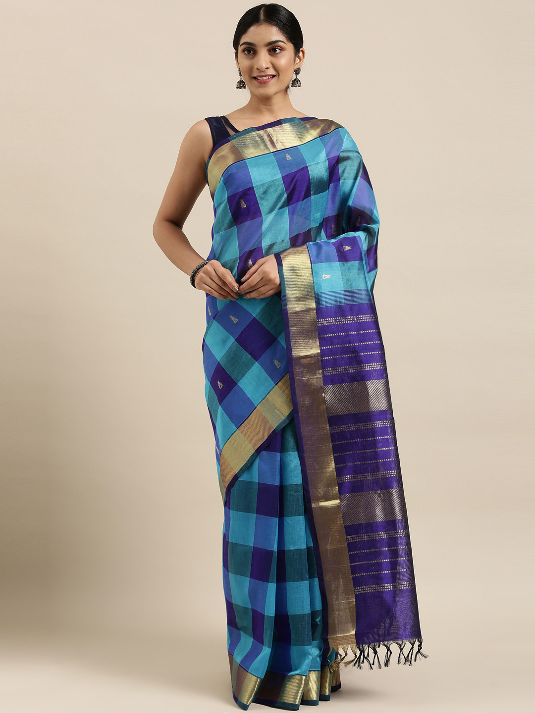 

The Chennai Silks Blue & Gold-Toned Checked Silk Cotton Maheshwari Saree