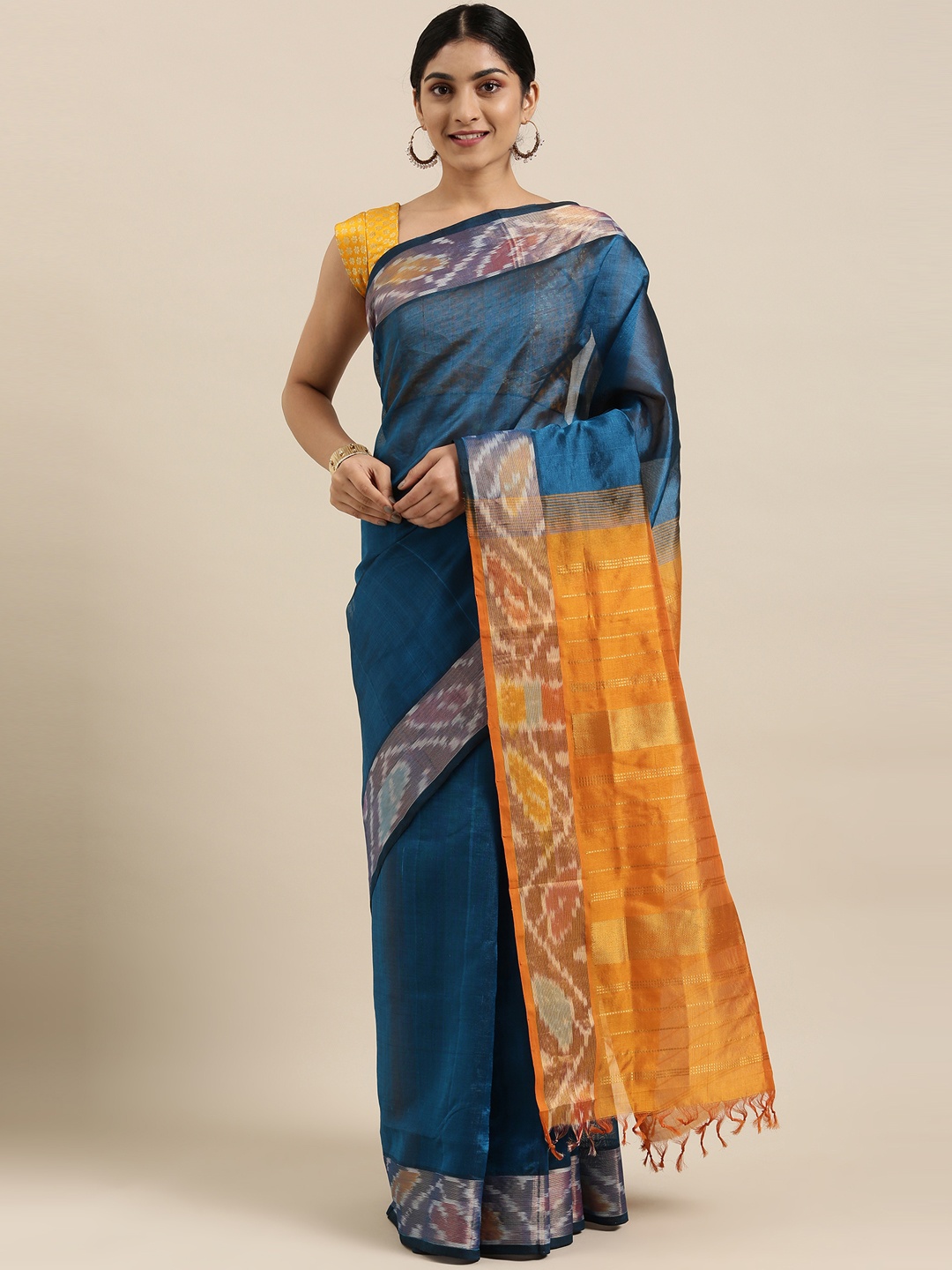 

The Chennai Silks Blue & Orange Silk Cotton Maheshwari Saree