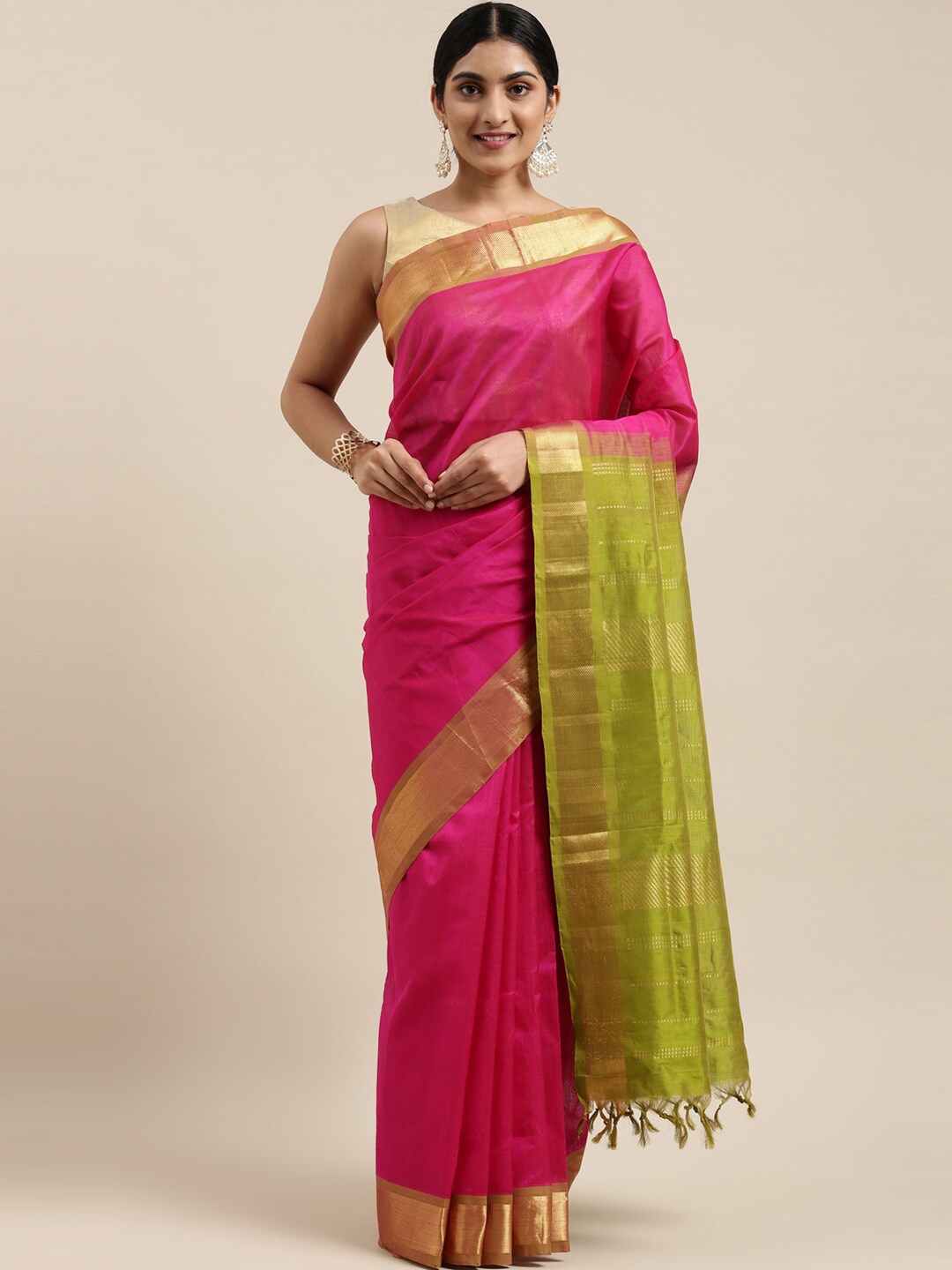 

The Chennai Silks Pink & Green Silk Cotton Maheshwari Saree