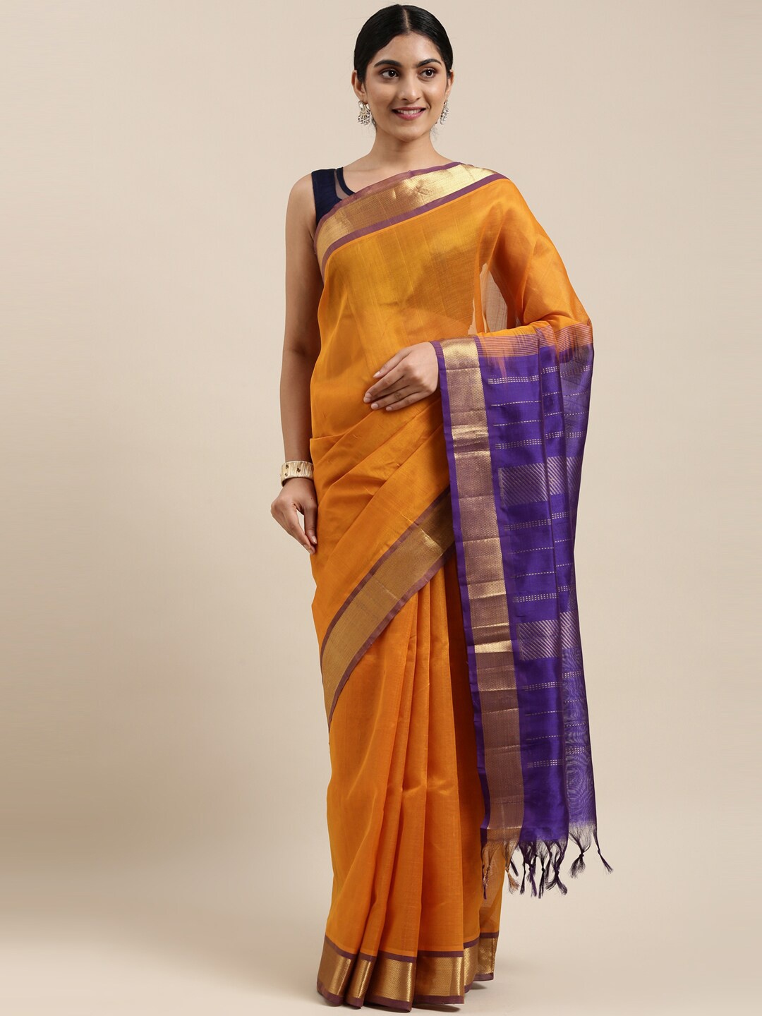 

The Chennai Silks Orange & Blue Silk Cotton Maheshwari Saree
